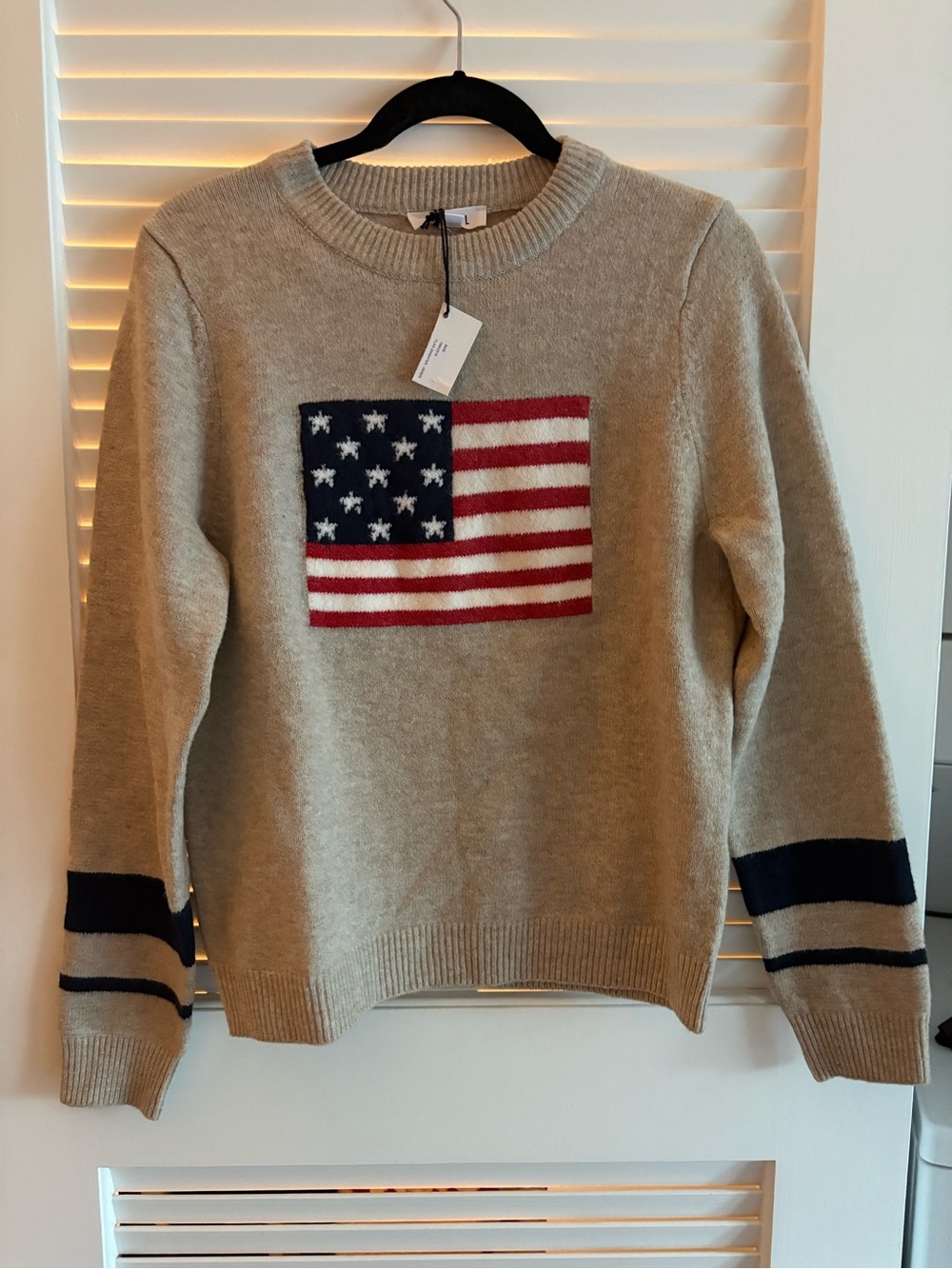 THML Beige Crewneck Sweater with Flag Motif and Navy Stripes
